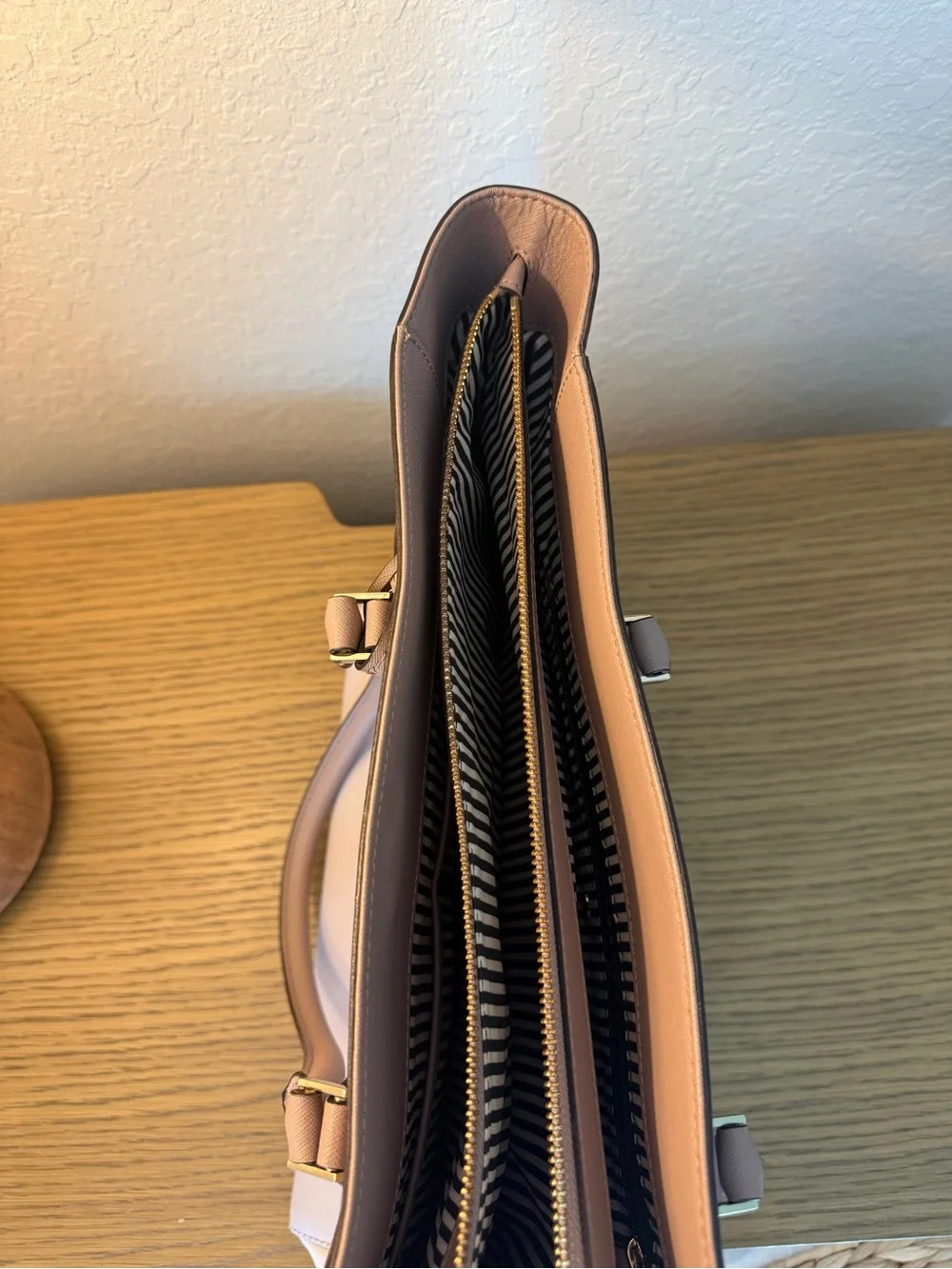 kate spade two-tone pebbled leather tote in blush and taupe